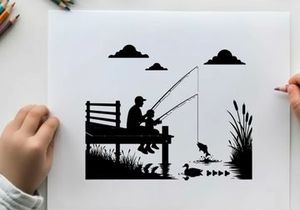 Silhouette of man and child fishing on a serene lake