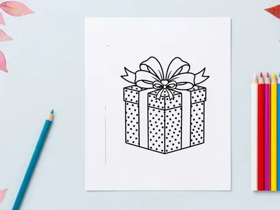 Ilustración de línea de caja de regalo navideña con patrón de lunares y moño