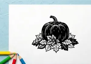 Calabaza negra con hojas para decoración de Halloween o otoño