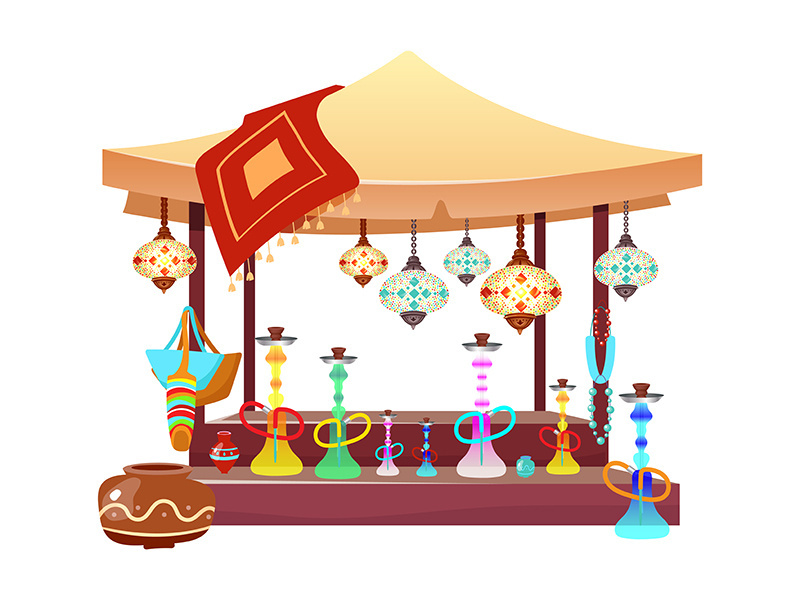 Eastern market tent with hookahs cartoon illustration