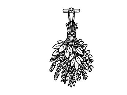 Hand-drawn Halloween witch broom with dried leaves and flowers. Rustic autumn decoration for spooky seasonal crafts and home decor.