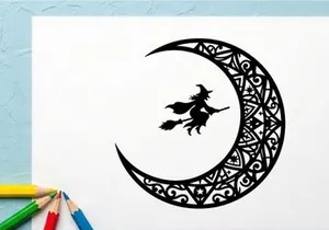 Silhouette of a witch flying on a broomstick against a decorative crescent moon
