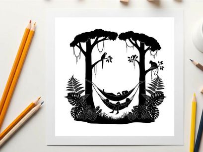 Serene silhouette of a person resting in a hammock between trees