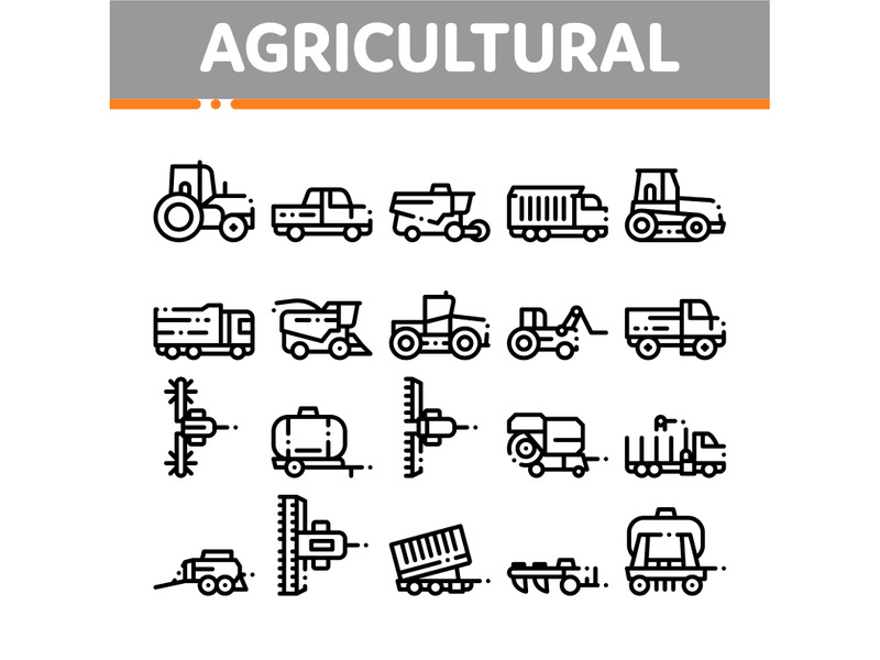 Agricultural Vehicles Vector Thin Line Icons Set