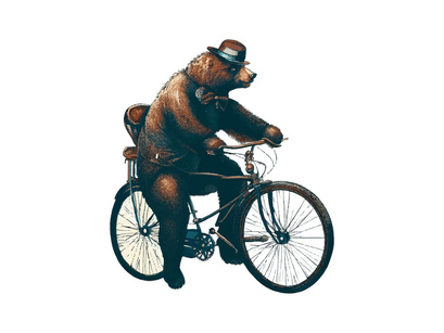 Vintage Bear riding a bike in floral countryside road, isolated in white background.
