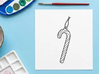 Candy cane Christmas ornament line art illustration on white background