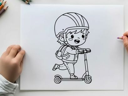 Child riding scooter with helmet vector illustration