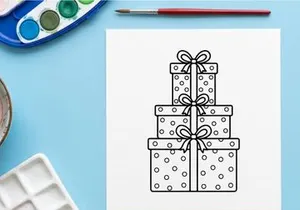 Pilha de caixas de presentes de Natal com fitas e laços, ilustração em arte de linha em preto e branco.