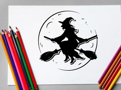 Whimsical witch silhouette flying on broomstick at moonlit night