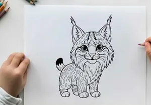 Cute lynx kitten sitting flat design vector illustration