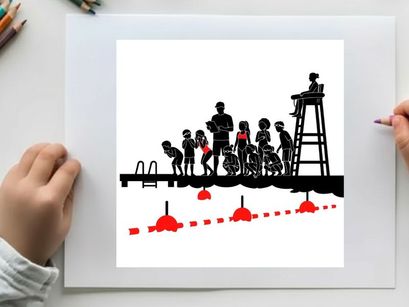Silhouette of people on a dock with a lifeguard in a tower