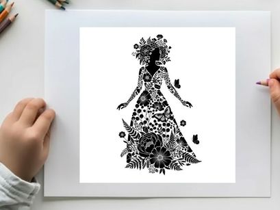 Silhouette of a woman in a floral dress with butterflies and flowers