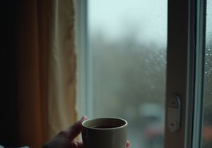 A hand holds a ceramic cup of coffee or tea.