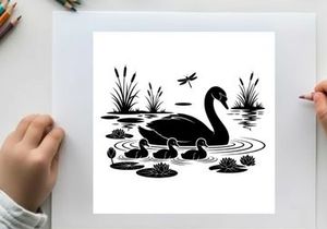 Mother swan and cygnets in pond with silhouette