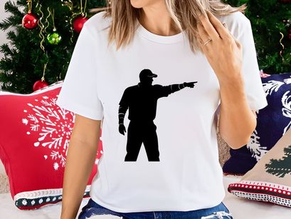 A black silhouette of a man pointing to the right with his right arm