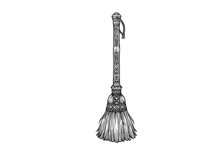 Hand-drawn vintage broom illustration for cleaning and home decor. Classic witch-style besom sketch with rustic texture and minimalist design.