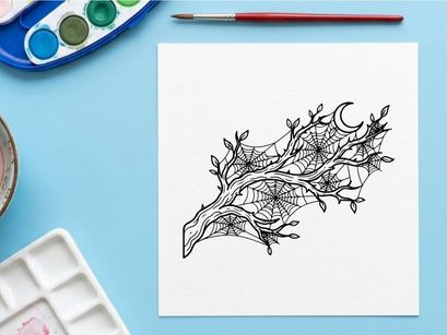 Minimalist tree branch line art illustration. Elegant botanical sketch with moon and leaves for modern design projects.