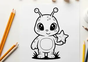 Cute alien cartoon holding star vector illustration