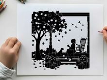 Autumn silhouette of girl and dog on porch with tree