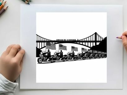 Motorcycle riders in silhouette under a bridge with american flags