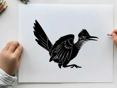 Silhouette of a roadrunner in mid stride with wings spread wide