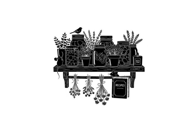 Silhouette of a bird on a shelf with potted plants and herbs