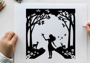 Silhouette of a girl in a forest with deer and flowers silhouette