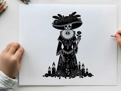Silhouette of a female skull in a large hat with candles