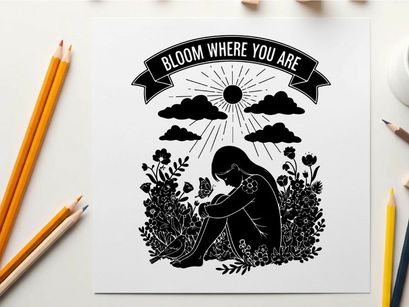 Silhouette of a person in a field with sun and flowers 'bloom where you are' silhouette