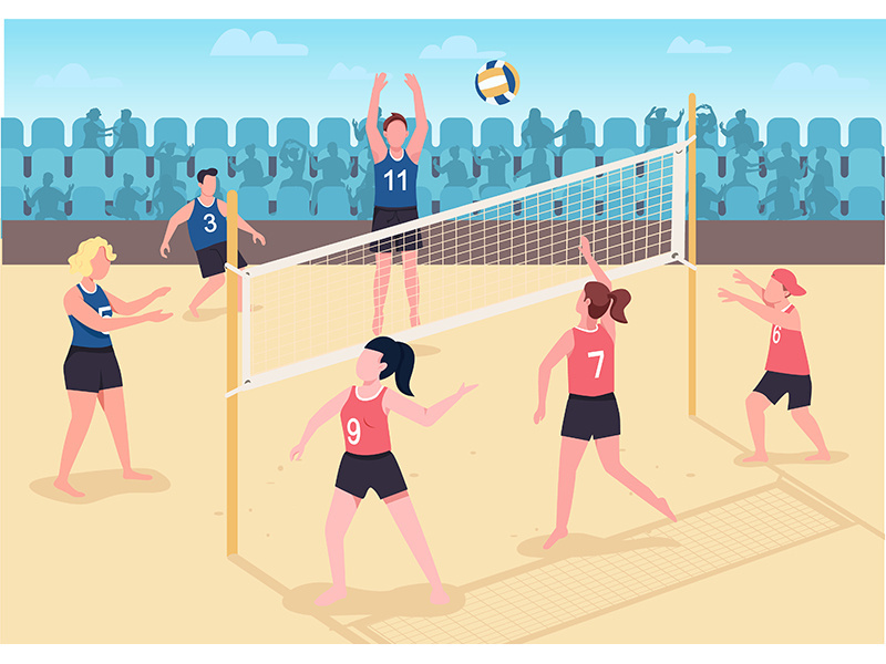 People playing volleyball on beach flat color vector illustration