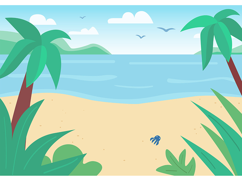 Tropical sand beach and sea flat color vector illustration