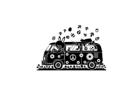 Silhouette of a decorated van with peace signs and flowers