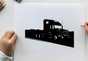 Silhouette of a semi truck driving on a highway with mountains