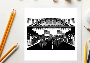 Vintage silhouette of a patriotic parade with american flags waving