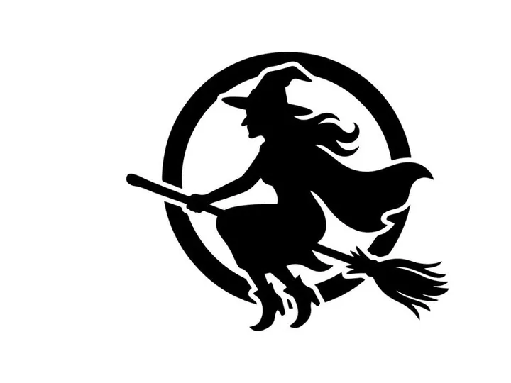 Silhouette of a witch flying on a broomstick at night with full moon