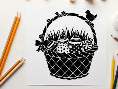 Easter basket silhouette with eggs and bird decoration