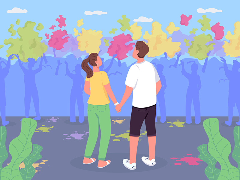 Couple at Holi fest flat color vector illustration