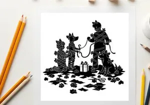 Silhouette of man and two dogs on a walk with gifts