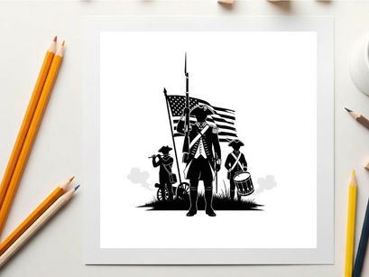 Revolutionary war soldiers with american flag silhouette