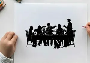 Silhouette of people gathered around a dinner table eating