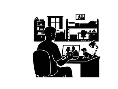 Silhouette of a man working on laptop in a cluttered home office space silhouette