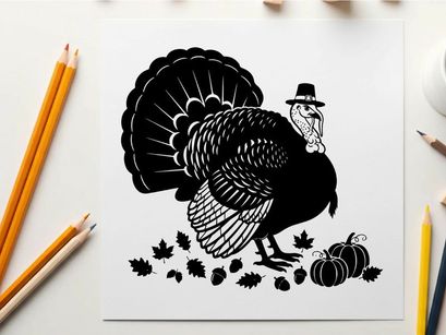 Silhouette of a turkey with pumpkins and leaves