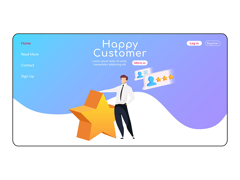 Happy customer landing page flat color vector template