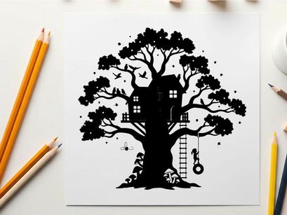 Whimsical treehouse silhouette with ladder and playful details