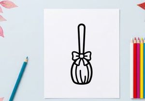 Halloween witch broom icon. Minimalist magic broomstick symbol with a decorative bow.