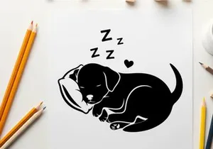 Sleeping dog silhouette with zzz and heart symbols