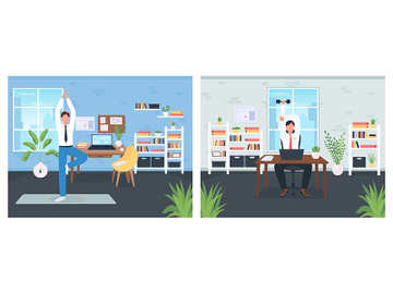 Workout in workplace flat color vector illustration set preview picture