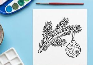 Ilustrasi seni garis ornamen bola hias gantung cabang pohon Natal.