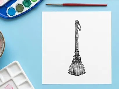Hand-drawn vintage broom illustration for cleaning and home decor. Classic witch-style besom sketch with rustic texture and minimalist design.