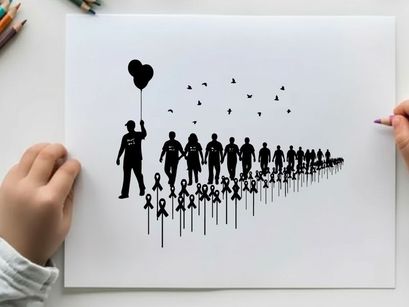 Silhouette of a crowd with a man holding a heart shaped balloon
